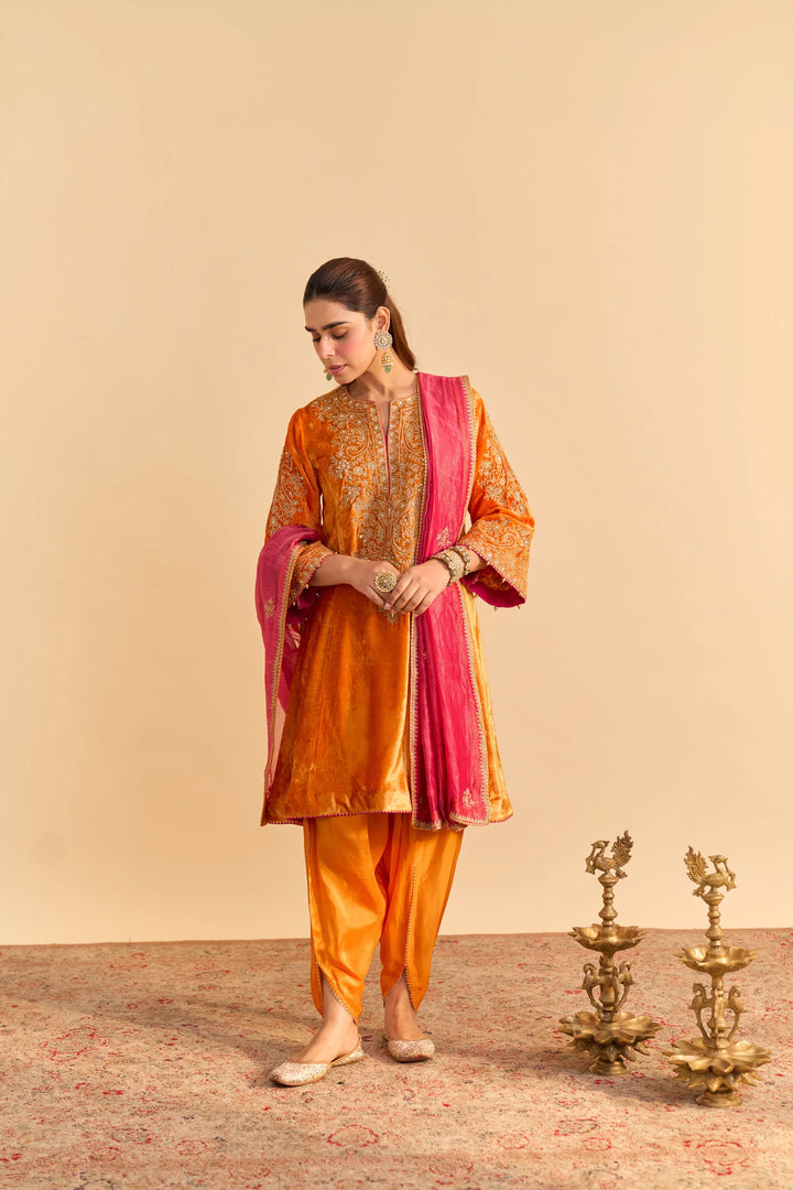Eira - velvet Orange A-line Kurta with Dhoti