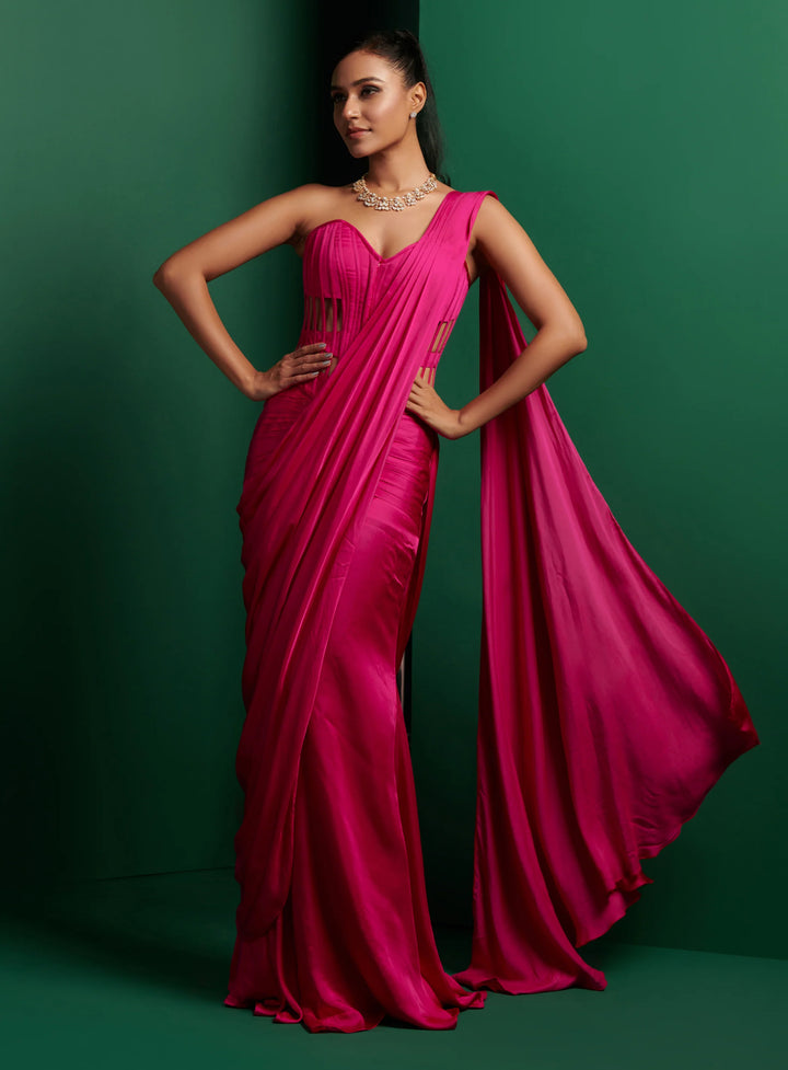 Hot Pink Longline Cutout Corset with Drape Saree