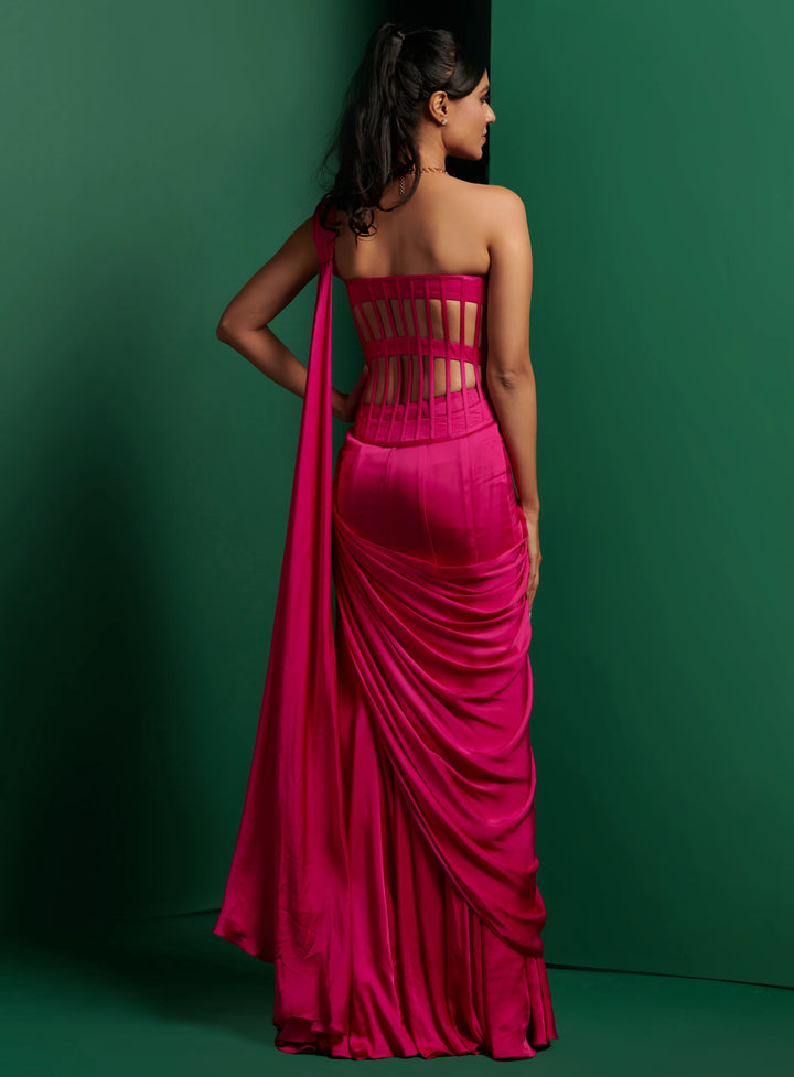 Hot Pink Longline Cutout Corset with Drape Saree