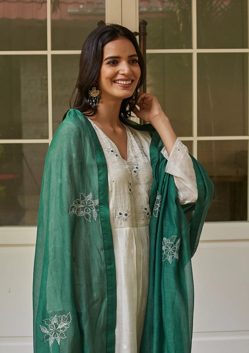 Ivory and Emerald Embroidered Kurta Set