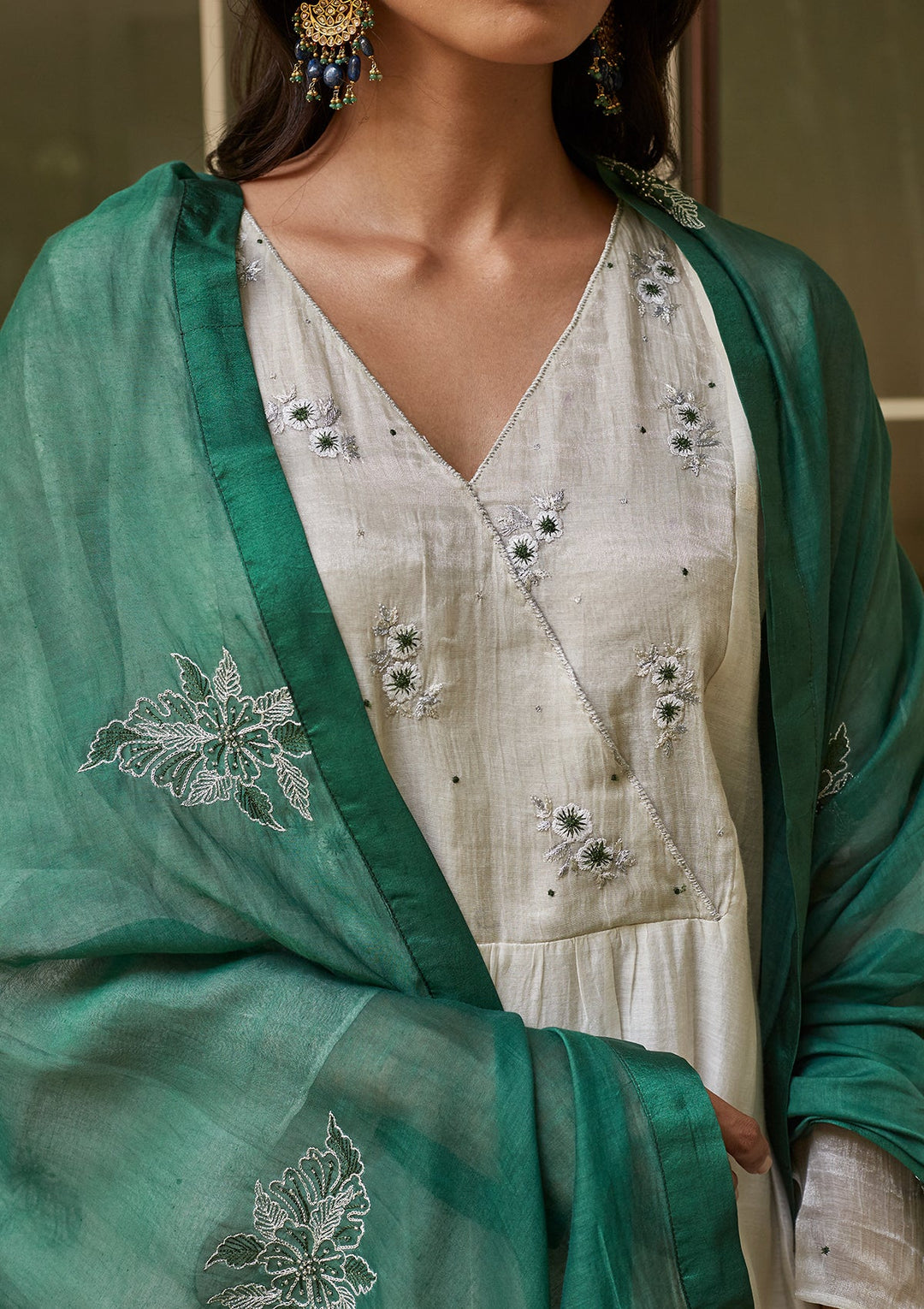 Ivory and Emerald Embroidered Kurta Set