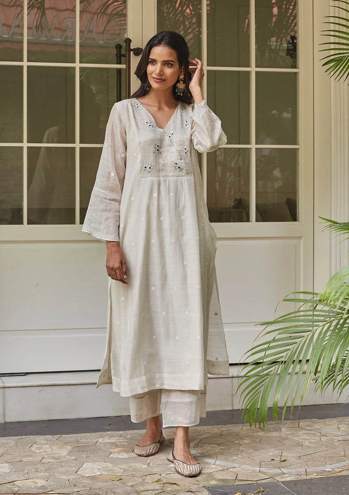 Ivory and Emerald Embroidered Kurta Set