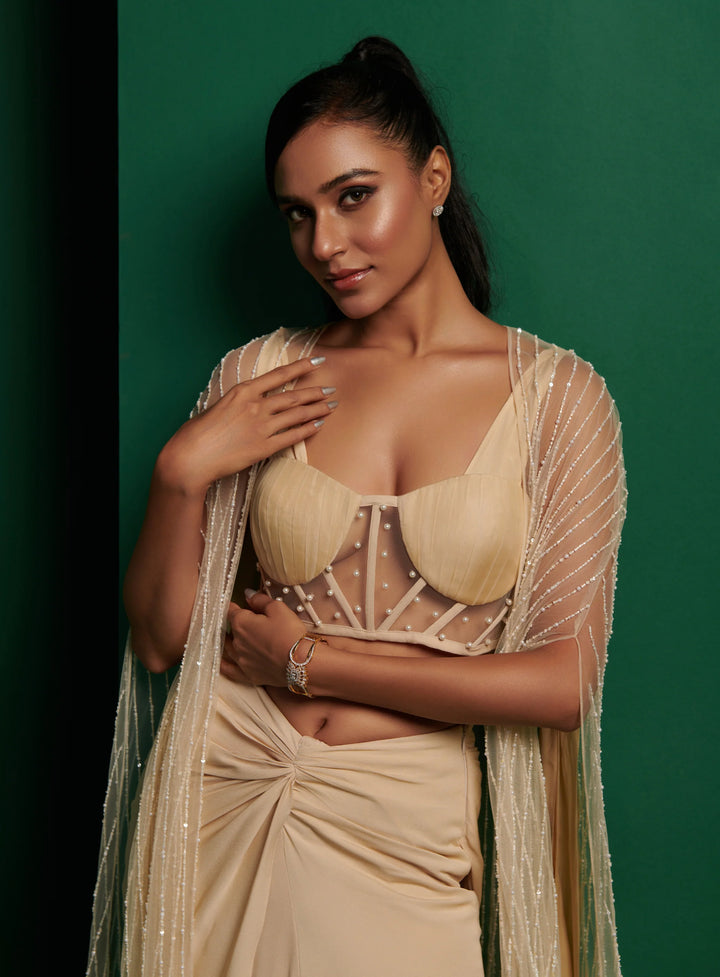 Ivory Pearl Emebellished Corset Top with Drape Skirt and Embellished Cape