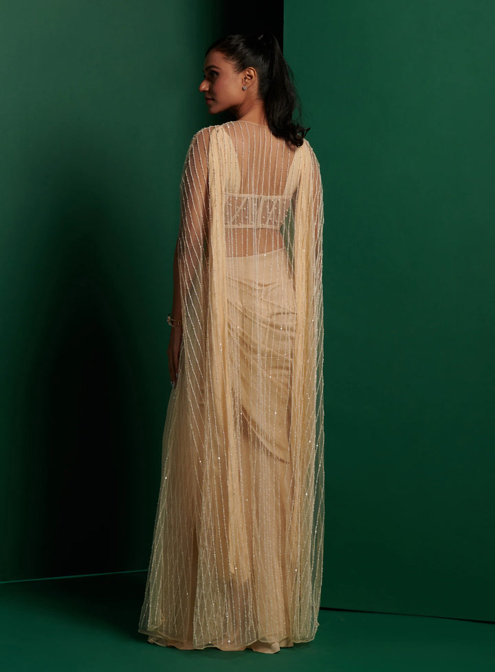 Ivory Pearl Emebellished Corset Top with Drape Skirt and Embellished Cape