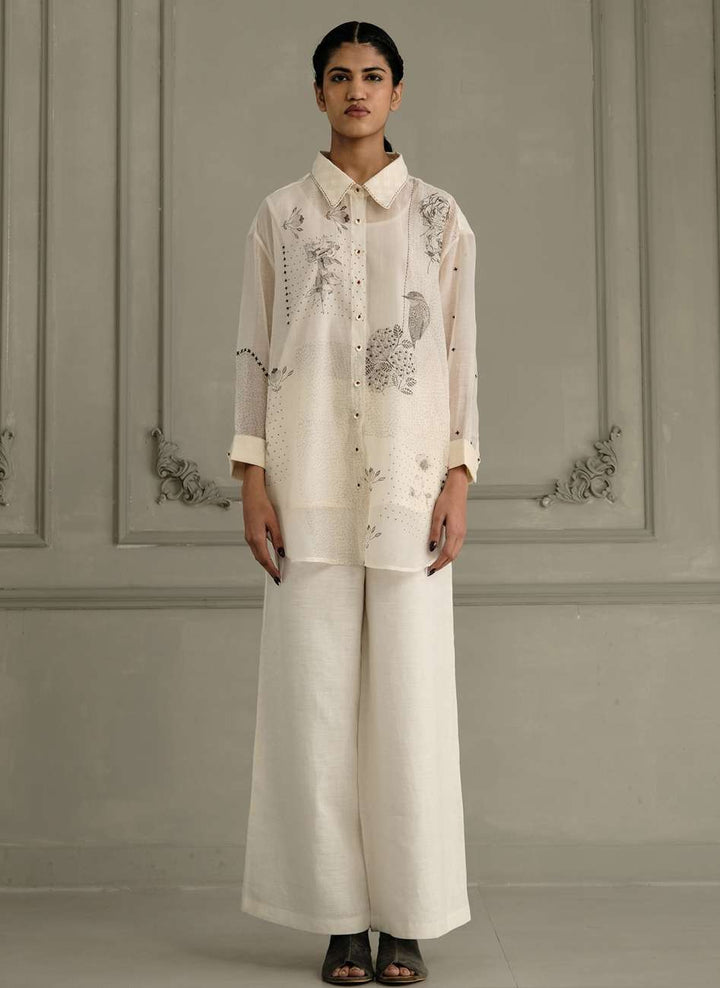 Ivory Shirt in Mul Chanderi With Embroidery and Flared Pants in Linen