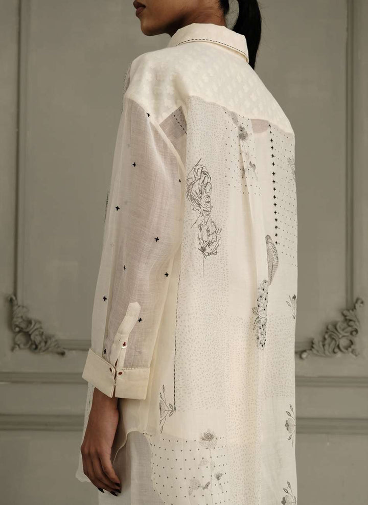 Ivory Shirt in Mul Chanderi With Embroidery and Flared Pants in Linen