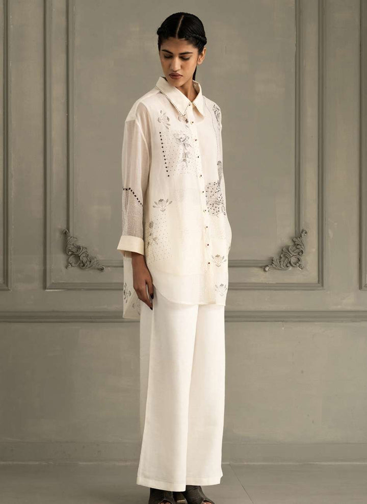 Ivory Shirt in Mul Chanderi With Embroidery and Flared Pants in Linen