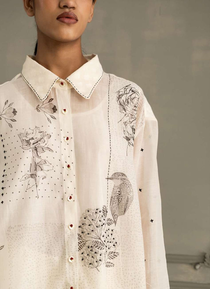 Ivory Shirt in Mul Chanderi With Embroidery and Flared Pants in Linen