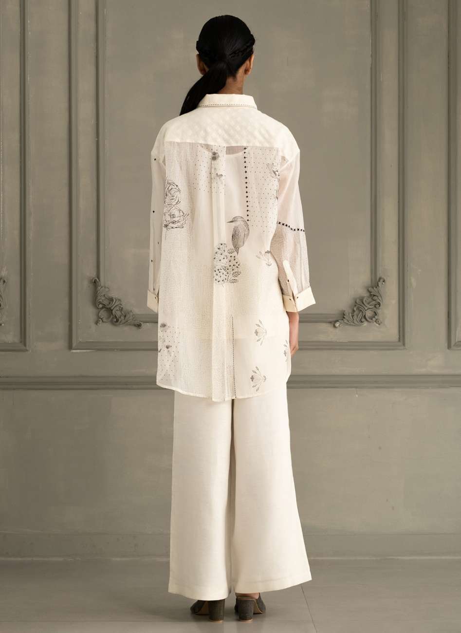 Ivory Shirt in Mul Chanderi With Embroidery and Flared Pants in Linen