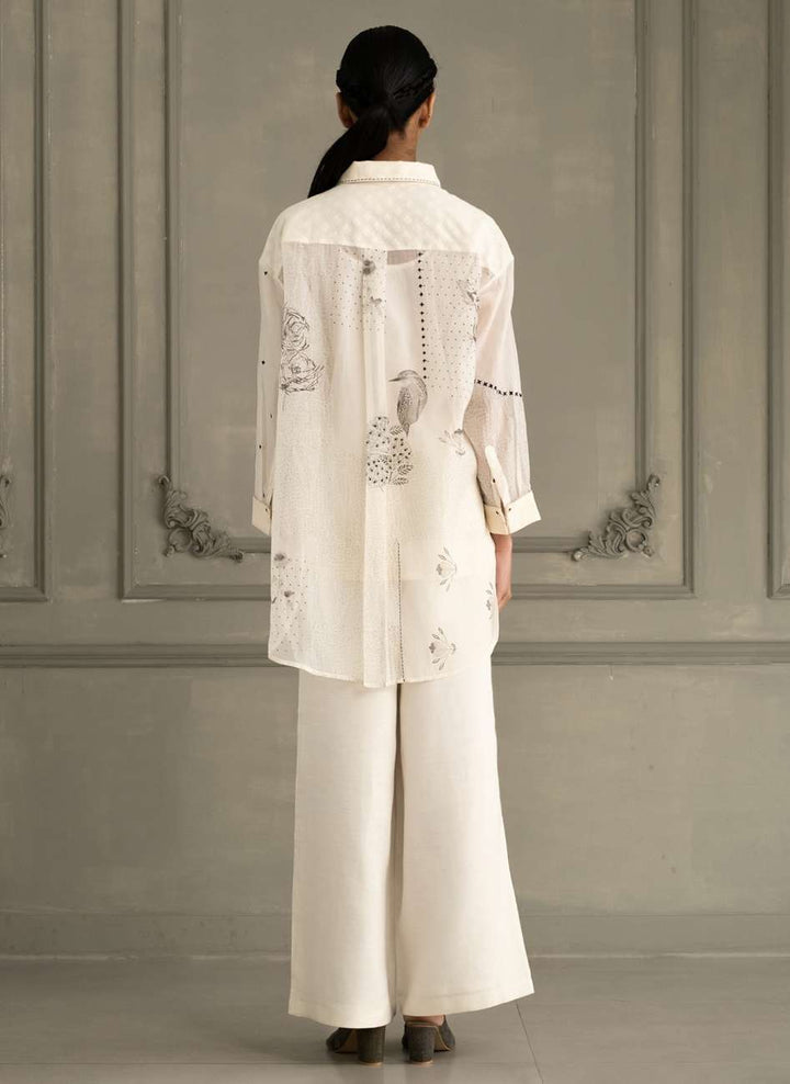 Ivory Shirt in Mul Chanderi With Embroidery and Flared Pants in Linen
