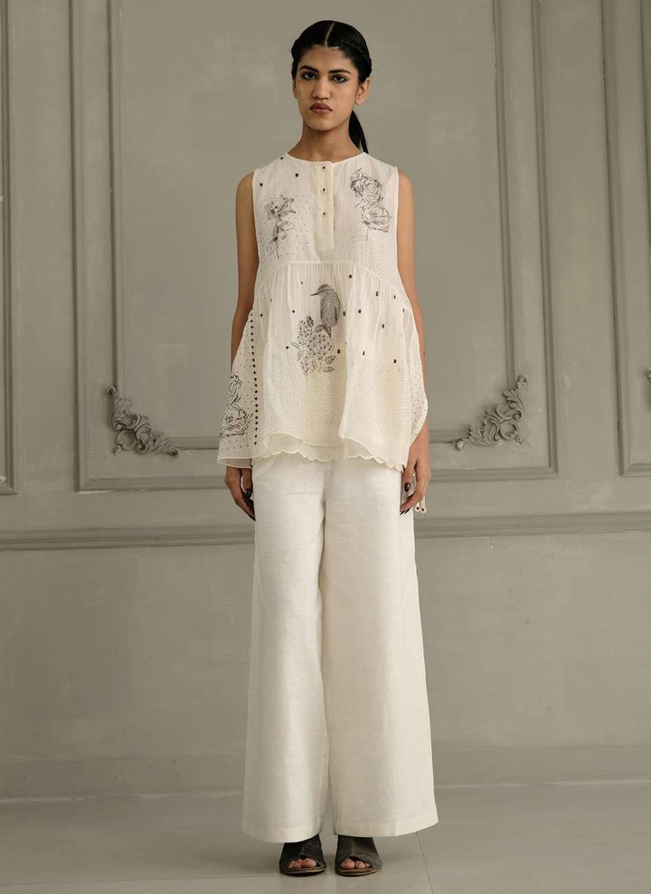 Ivory Shirt in Mul Chanderi With Embroidery and Flared Pants in Linen