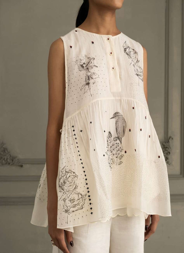 Ivory Shirt in Mul Chanderi With Embroidery and Flared Pants in Linen
