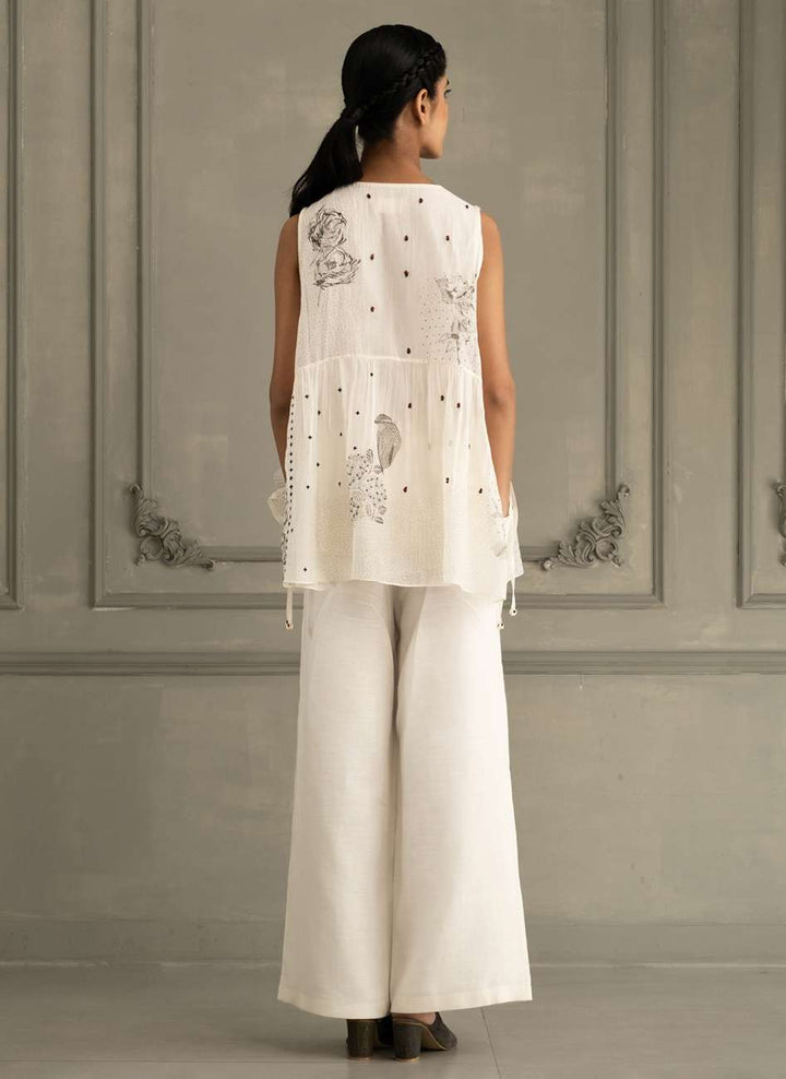 Ivory Shirt in Mul Chanderi With Embroidery and Flared Pants in Linen