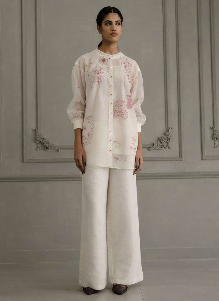 Ivory Shirt in Mul Chanderi With Embroidery and Flared Pants in Linen