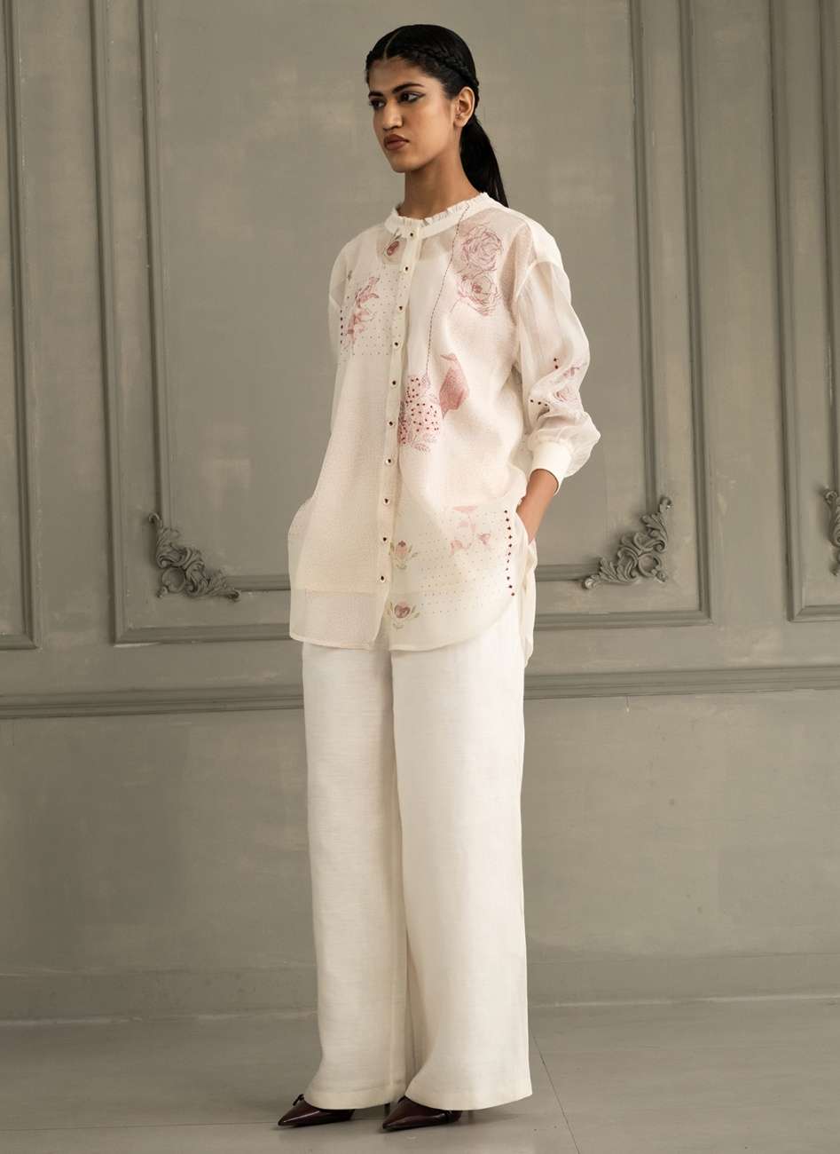 Ivory Shirt in Mul Chanderi With Embroidery and Flared Pants in Linen