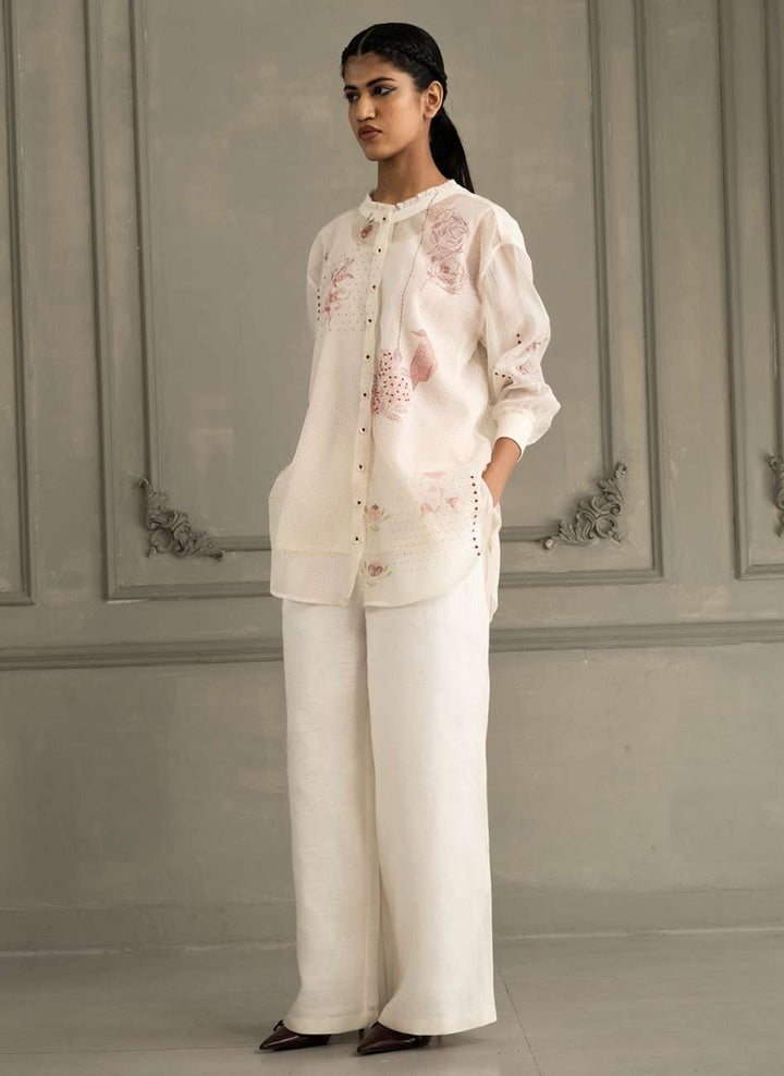 Ivory Shirt in Mul Chanderi With Embroidery and Flared Pants in Linen