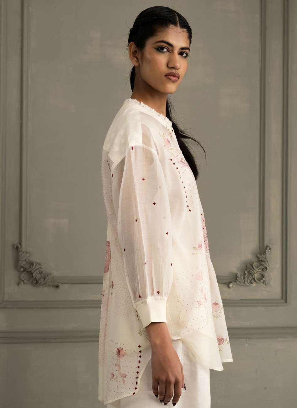 Ivory Shirt in Mul Chanderi With Embroidery and Flared Pants in Linen