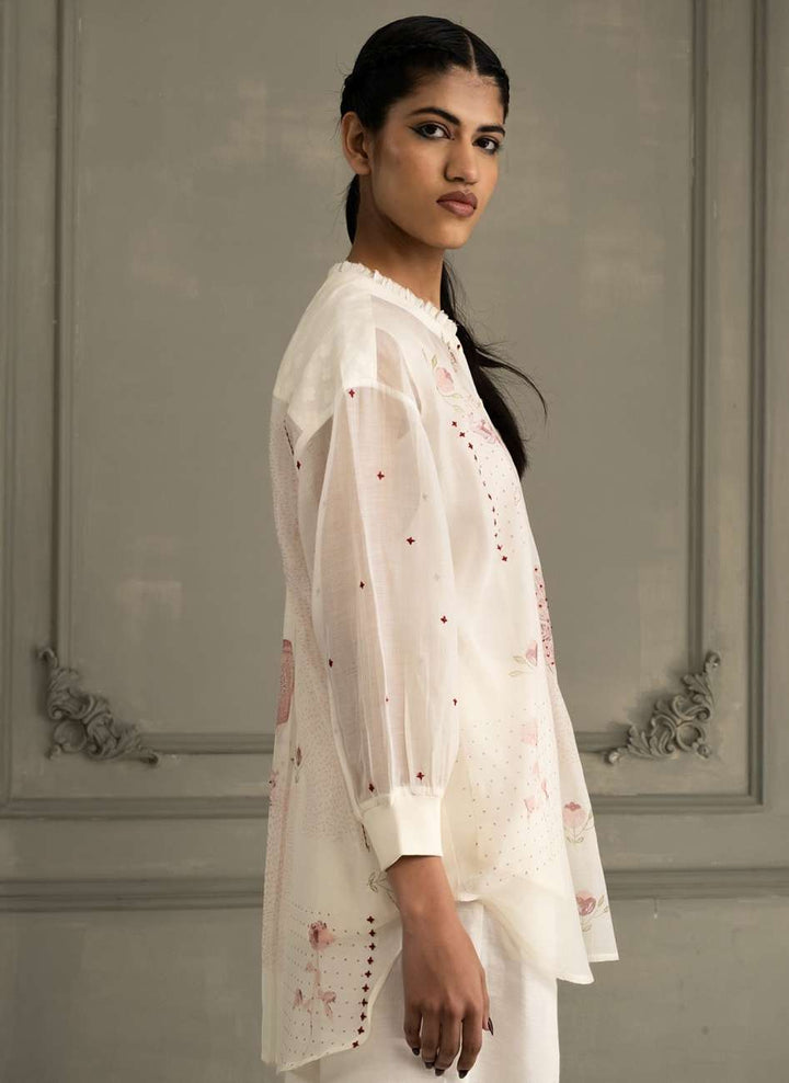 Ivory Shirt in Mul Chanderi With Embroidery and Flared Pants in Linen