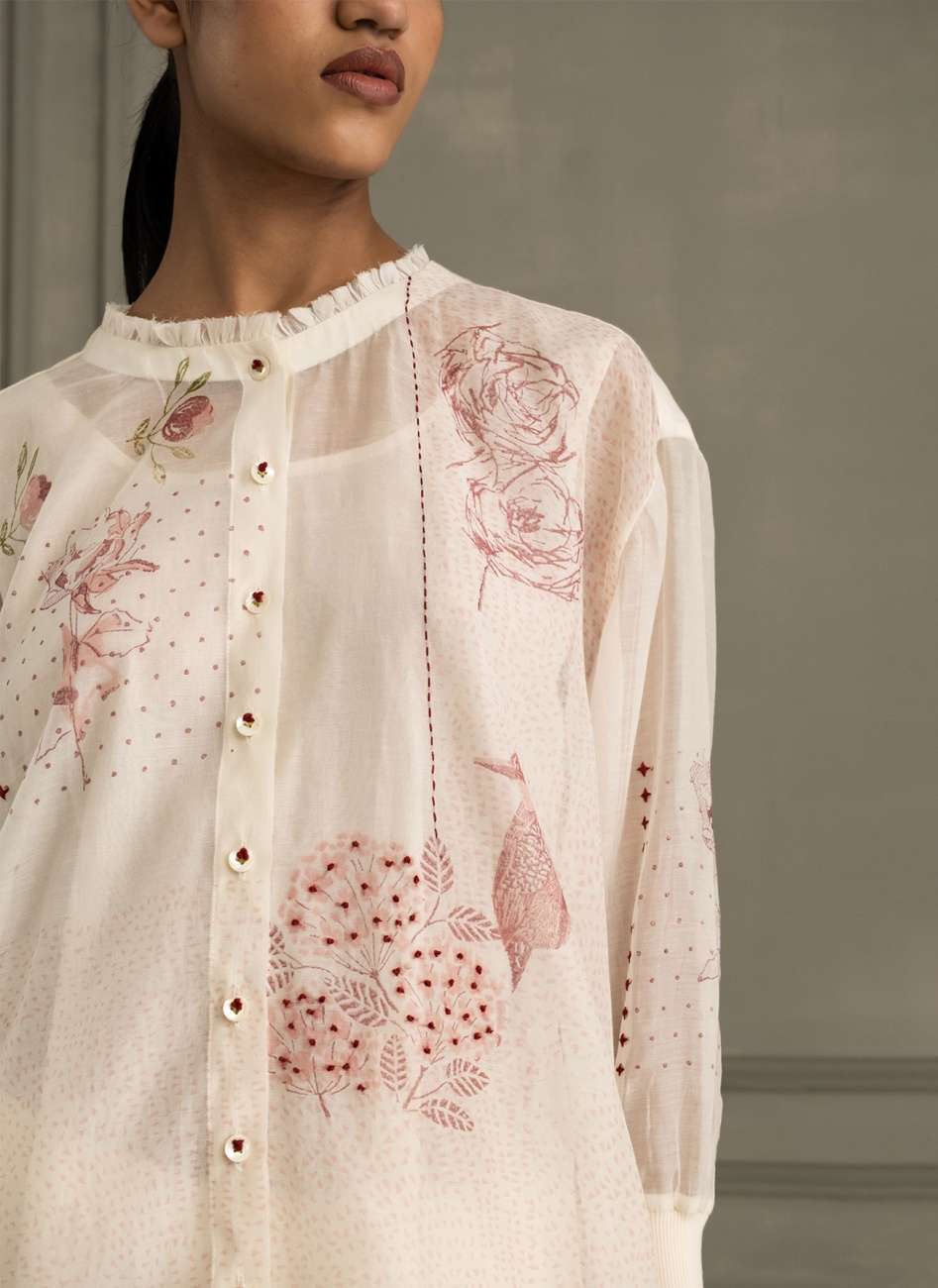 Ivory Shirt in Mul Chanderi With Embroidery and Flared Pants in Linen