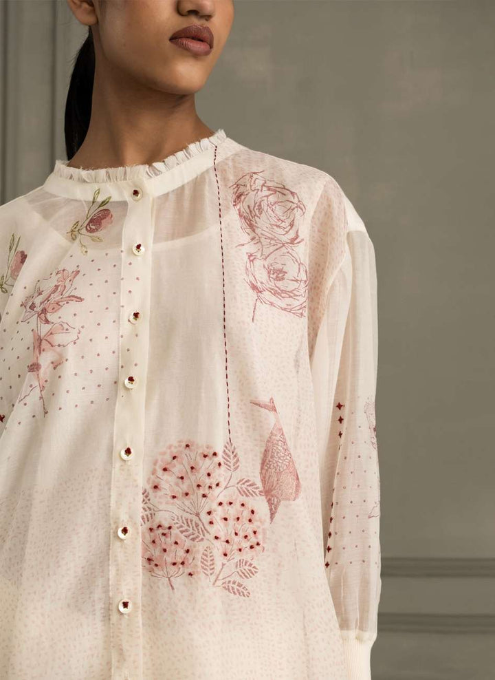 Ivory Shirt in Mul Chanderi With Embroidery and Flared Pants in Linen