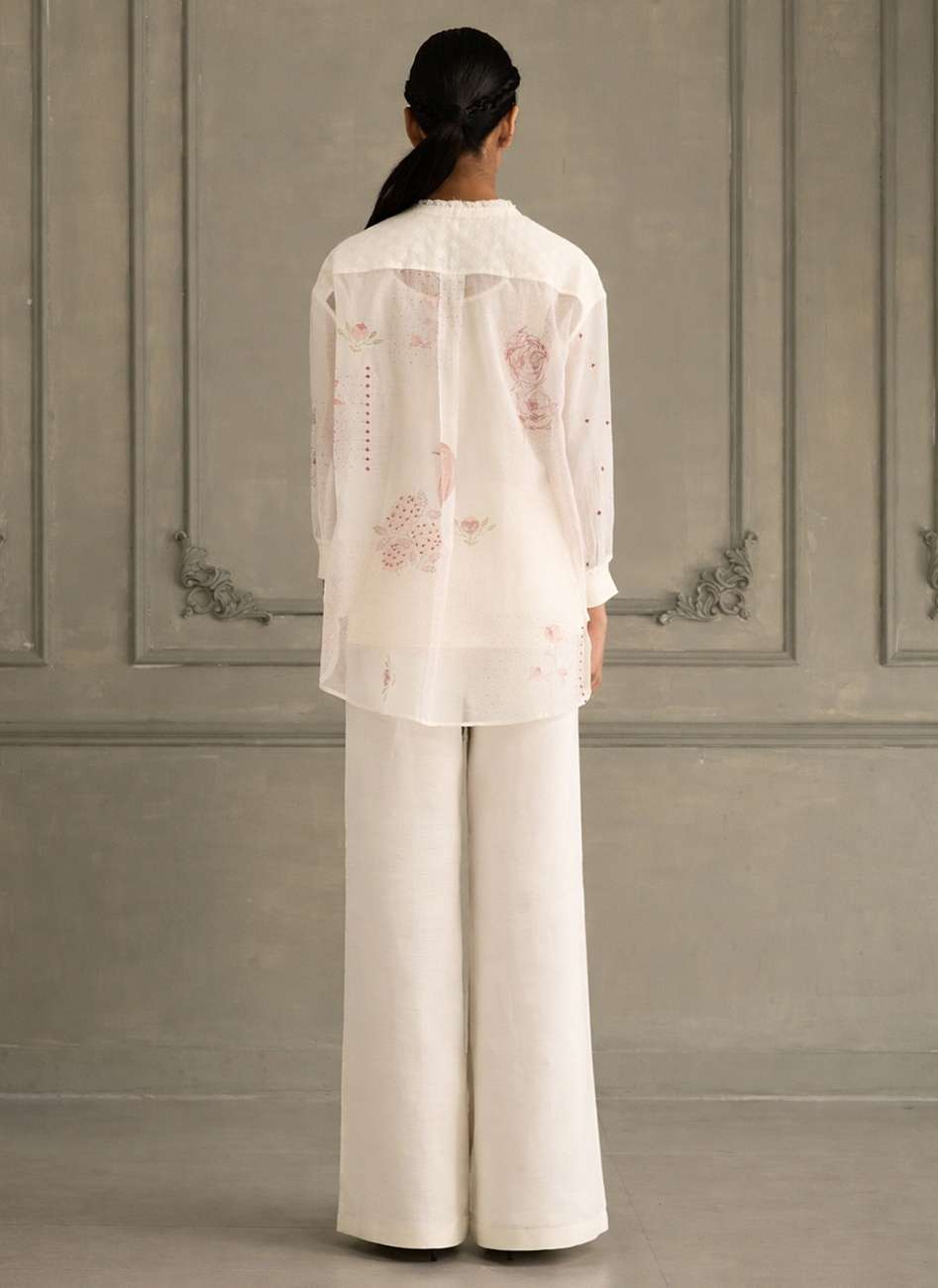 Ivory Shirt in Mul Chanderi With Embroidery and Flared Pants in Linen
