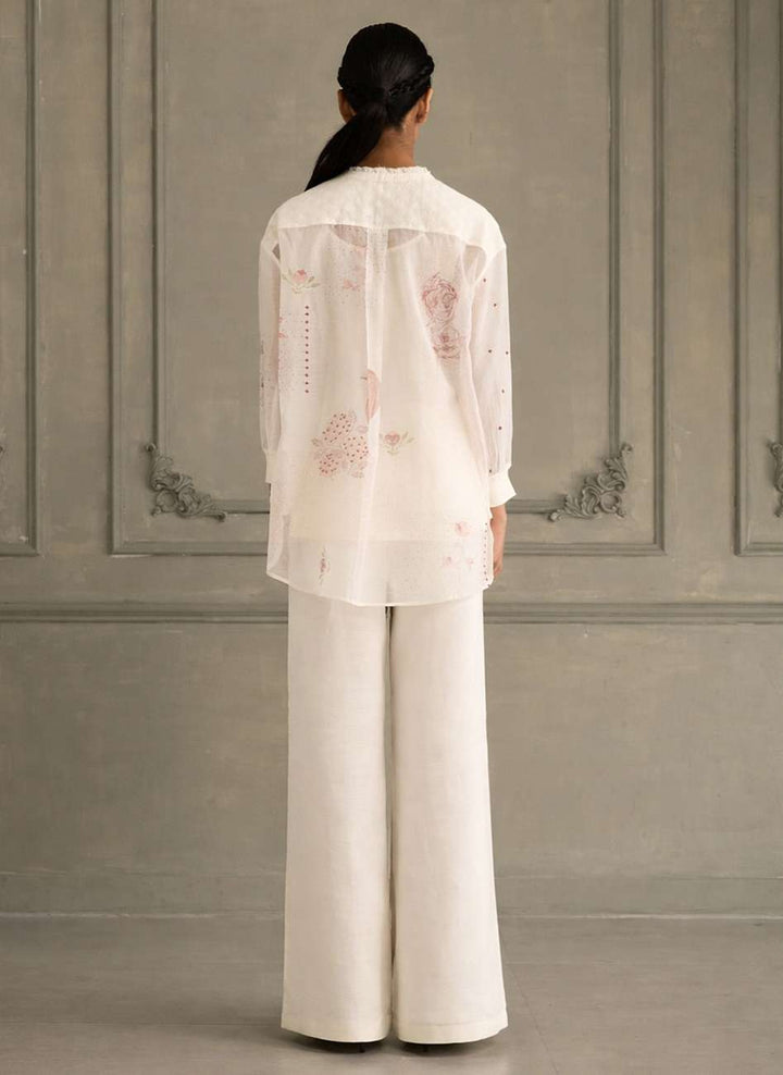 Ivory Shirt in Mul Chanderi With Embroidery and Flared Pants in Linen