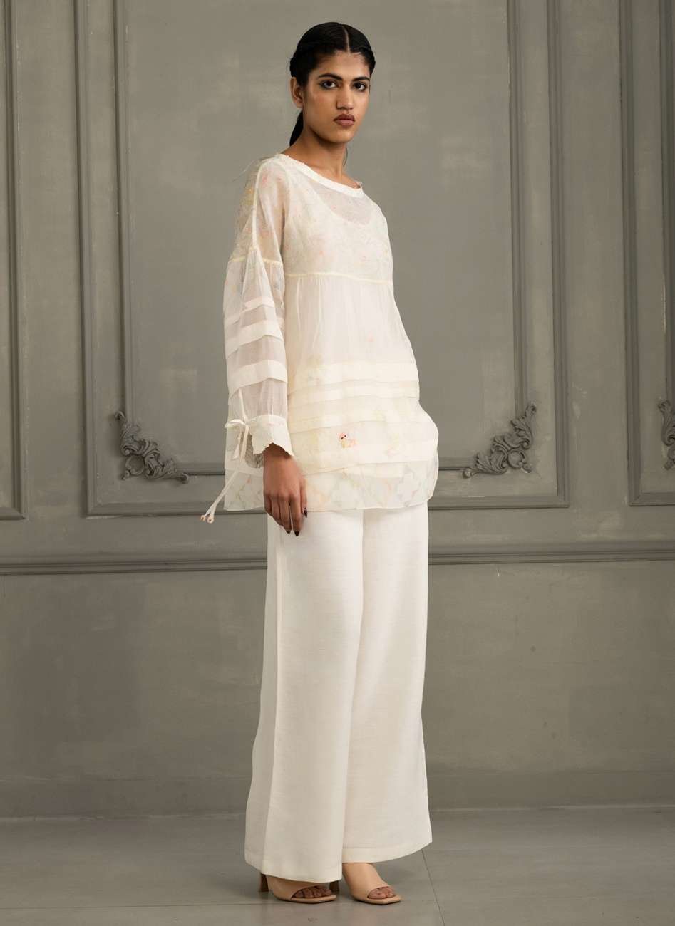 Ivory Top in Mul Chanderi With Embroidery and Flared Pants in Linen