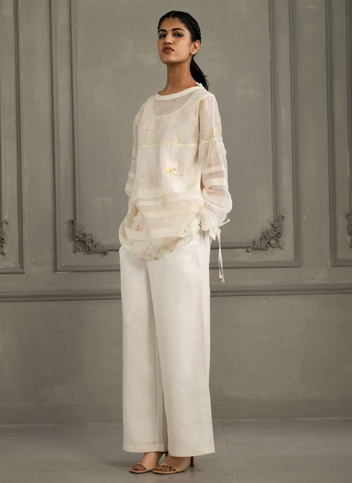 Ivory Top in Mul Chanderi With Embroidery and Flared Pants in Linen