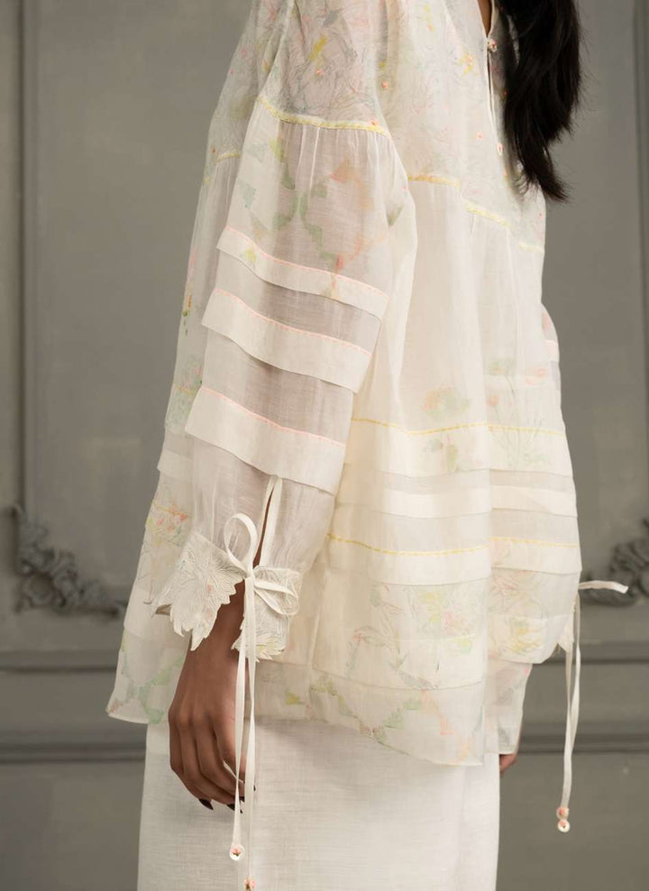 Ivory Top in Mul Chanderi With Embroidery and Flared Pants in Linen