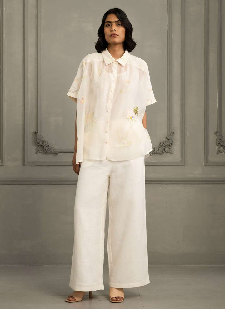 Ivory Shirt in Mul Chanderi With Embroidery and Flared Pants in Linen
