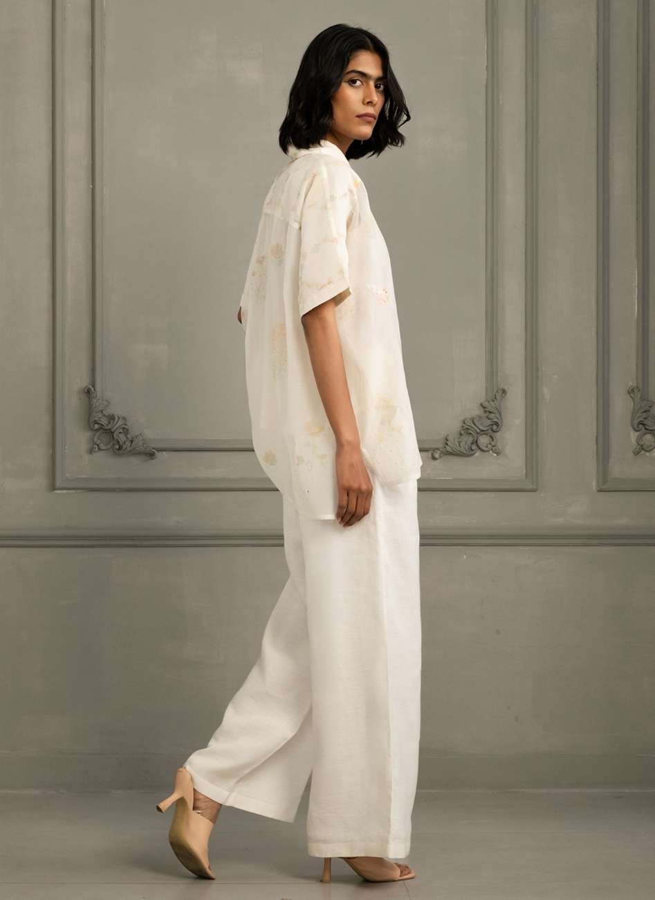 Ivory Shirt in Mul Chanderi With Embroidery and Flared Pants in Linen