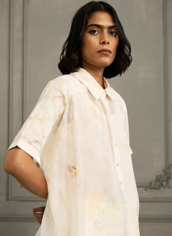 Ivory Shirt in Mul Chanderi With Embroidery and Flared Pants in Linen