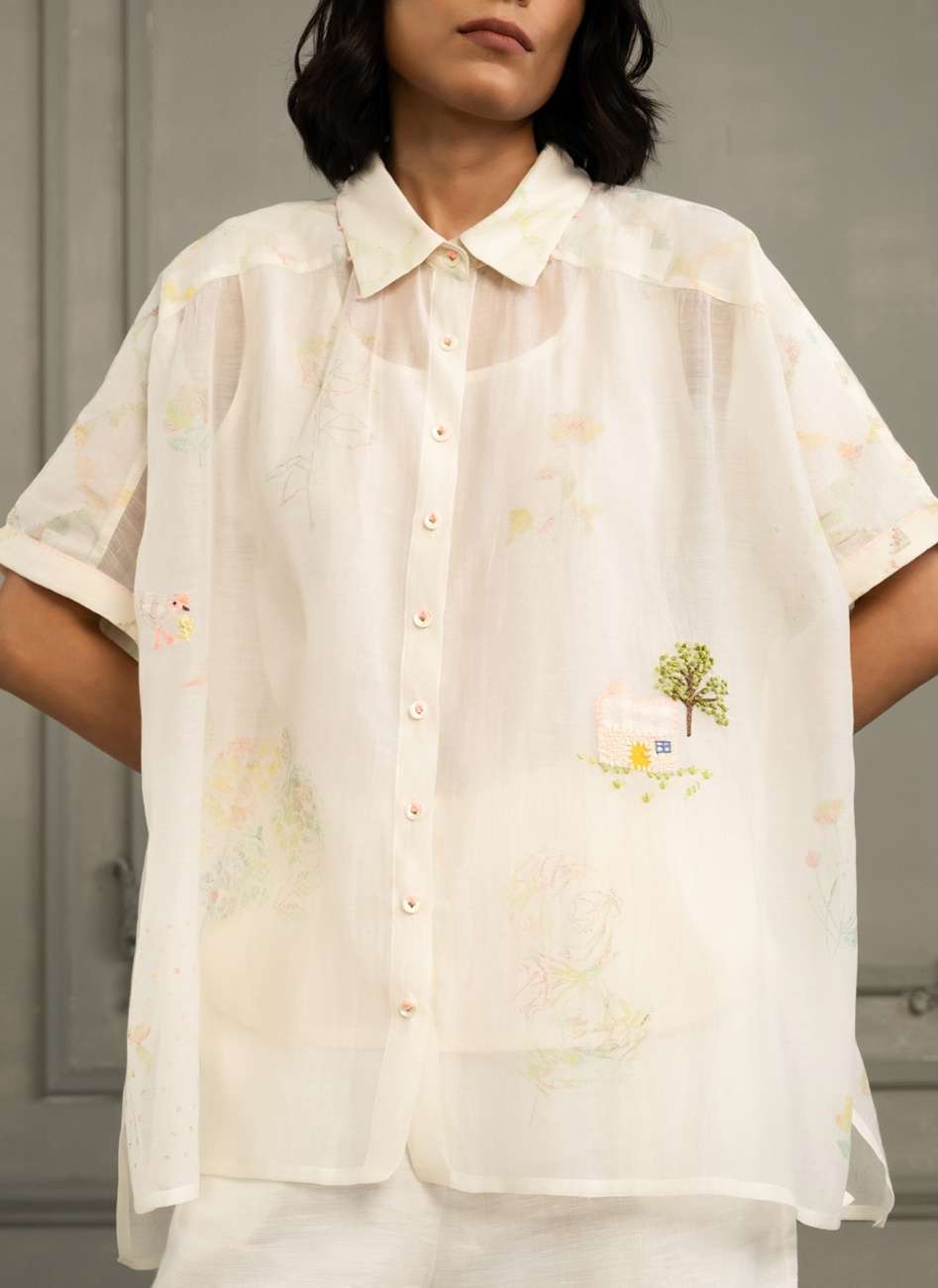 Ivory Shirt in Mul Chanderi With Embroidery and Flared Pants in Linen