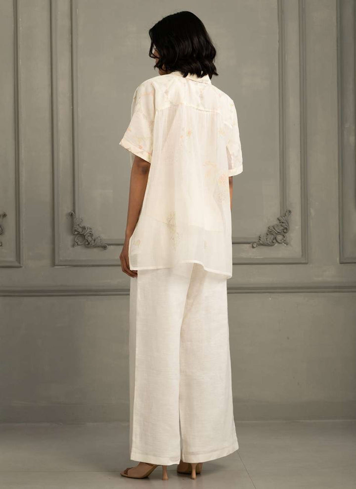 Ivory Shirt in Mul Chanderi With Embroidery and Flared Pants in Linen