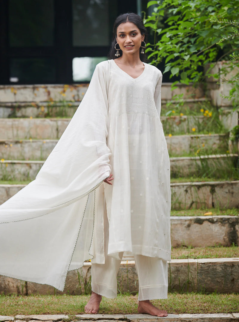 Ivory Woven Dots and Pintuck Kurta Set