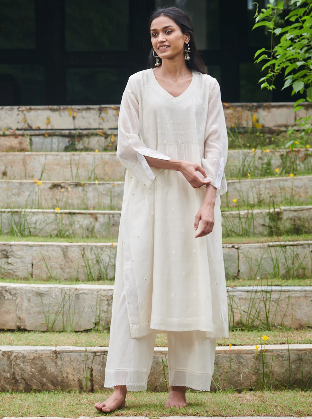 Ivory Woven Dots and Pintuck Kurta Set