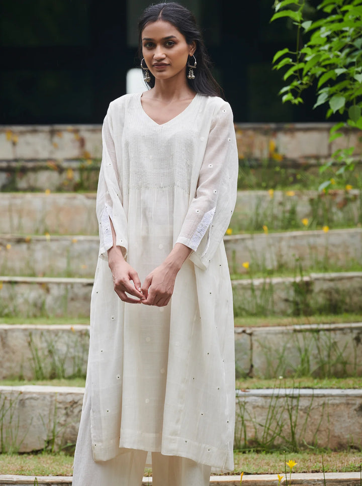 Ivory Woven Dots and Pintuck Kurta Set