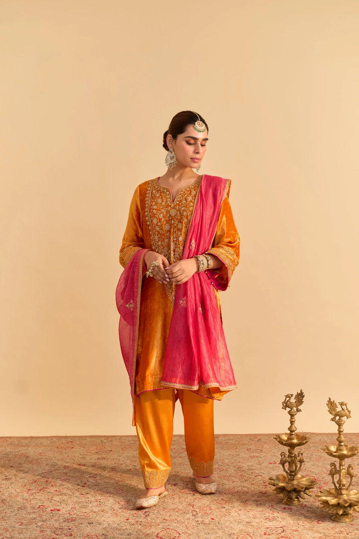 Fareeha - velvet Orange Kurta with Salwar