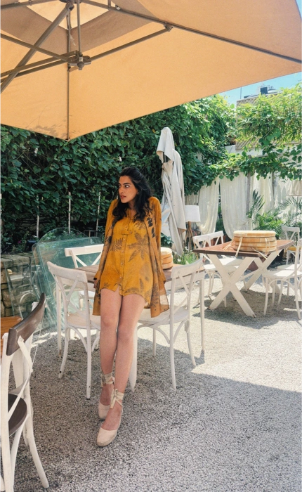 Turmeric dyed eco-printed silk long shirt with bamboo buttons + pants set