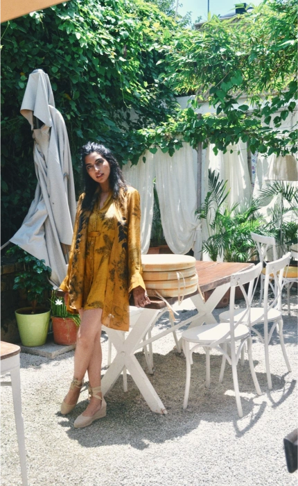 Turmeric dyed eco-printed silk long shirt with bamboo buttons + pants set