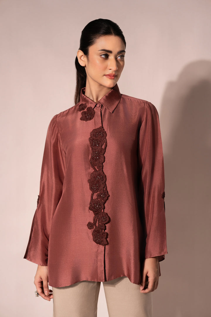 Jewel Front Placket Silk Shirt