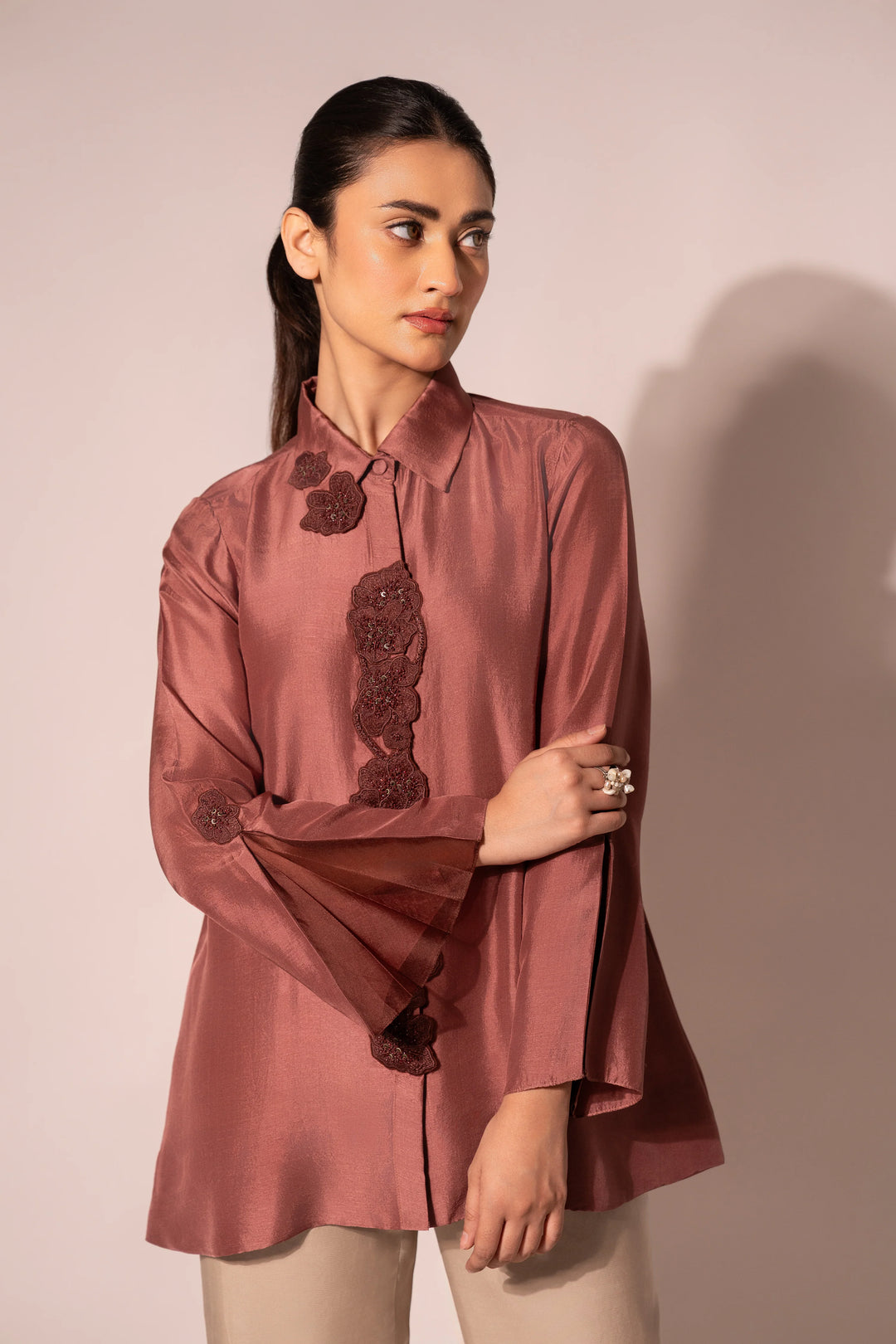 Jewel Front Placket Silk Shirt