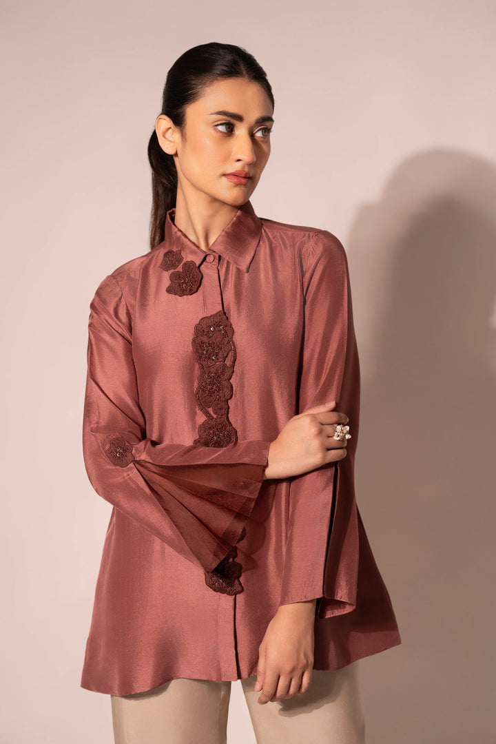 Jewel Front Placket Silk Shirt