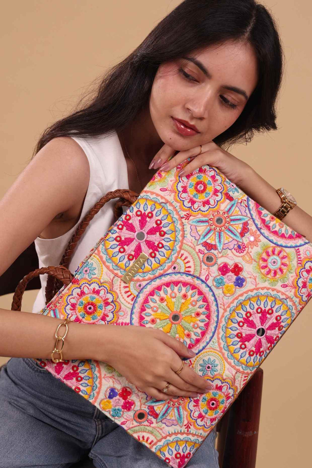 lily embroidered multicolor box tote bag