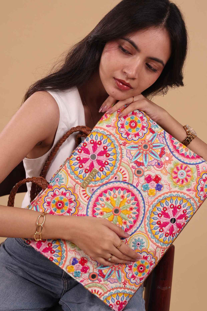 lily embroidered multicolor box tote bag