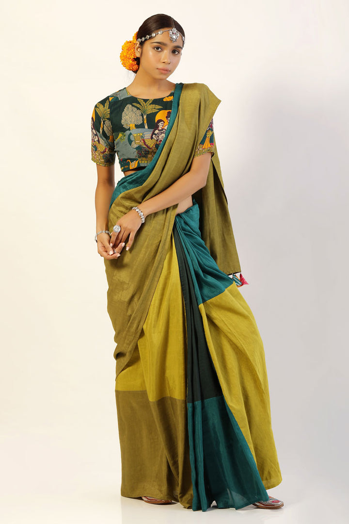 lime teal patchwork saree