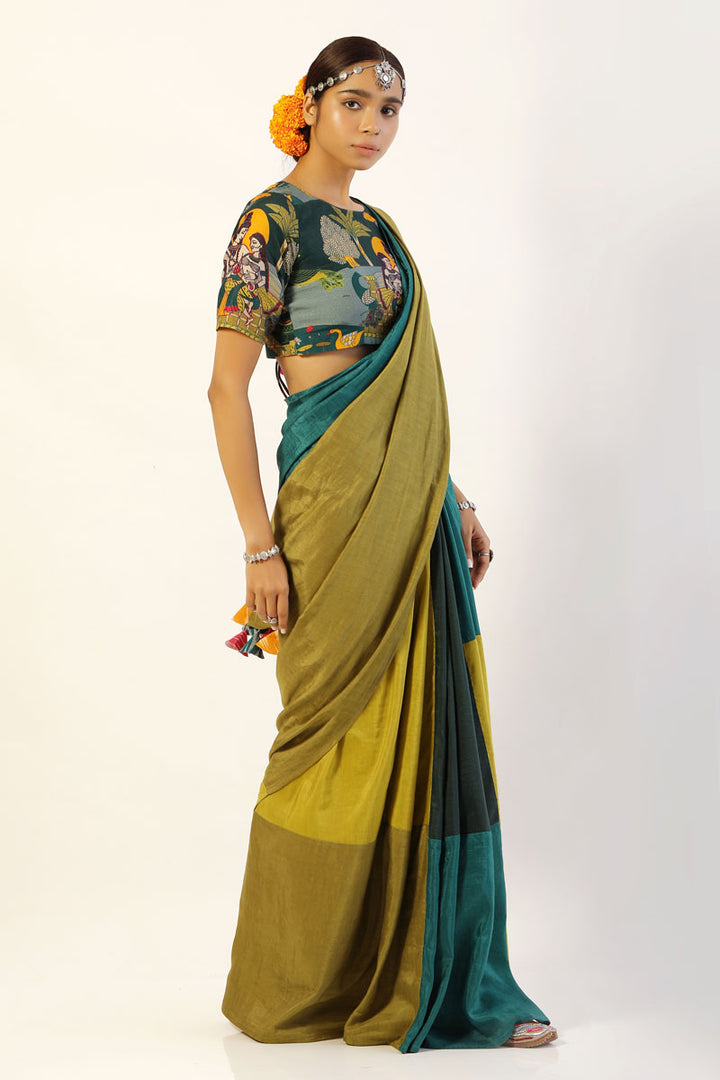 lime teal patchwork saree