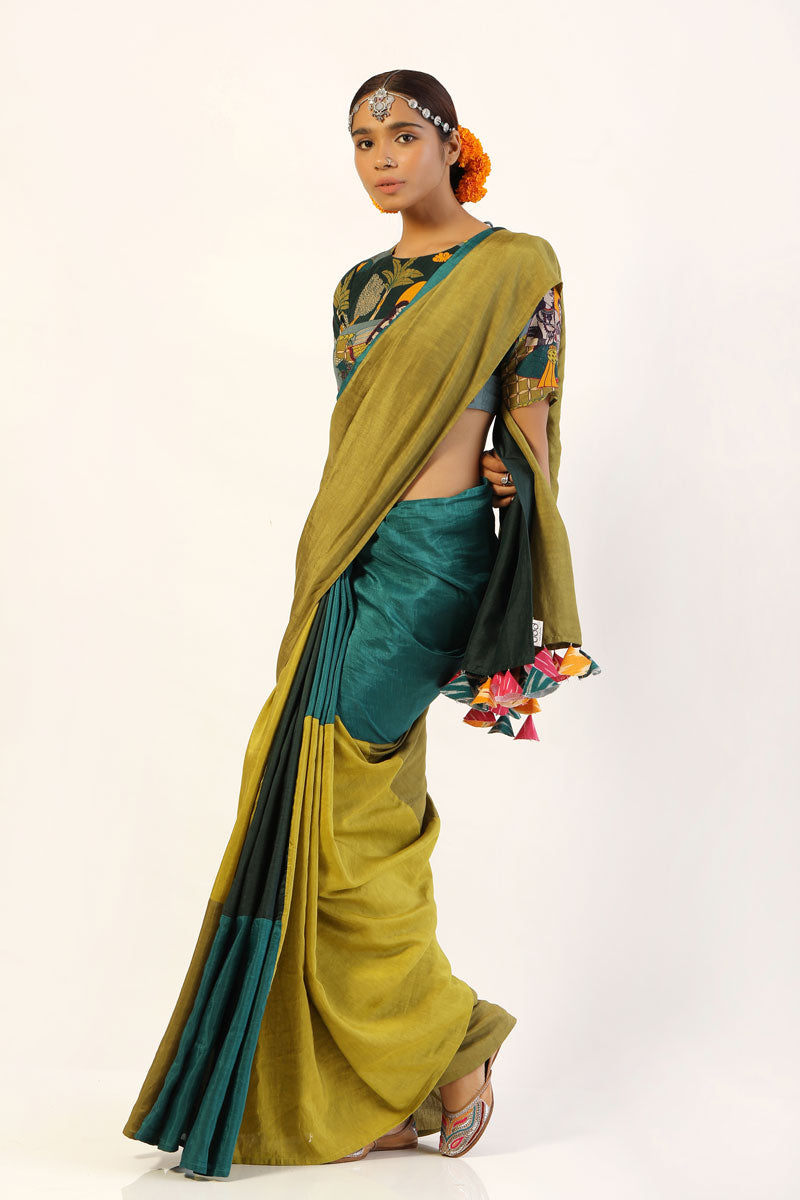 lime teal patchwork saree