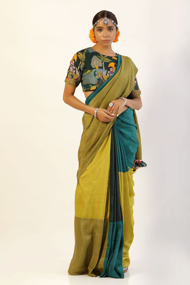 lime teal patchwork saree