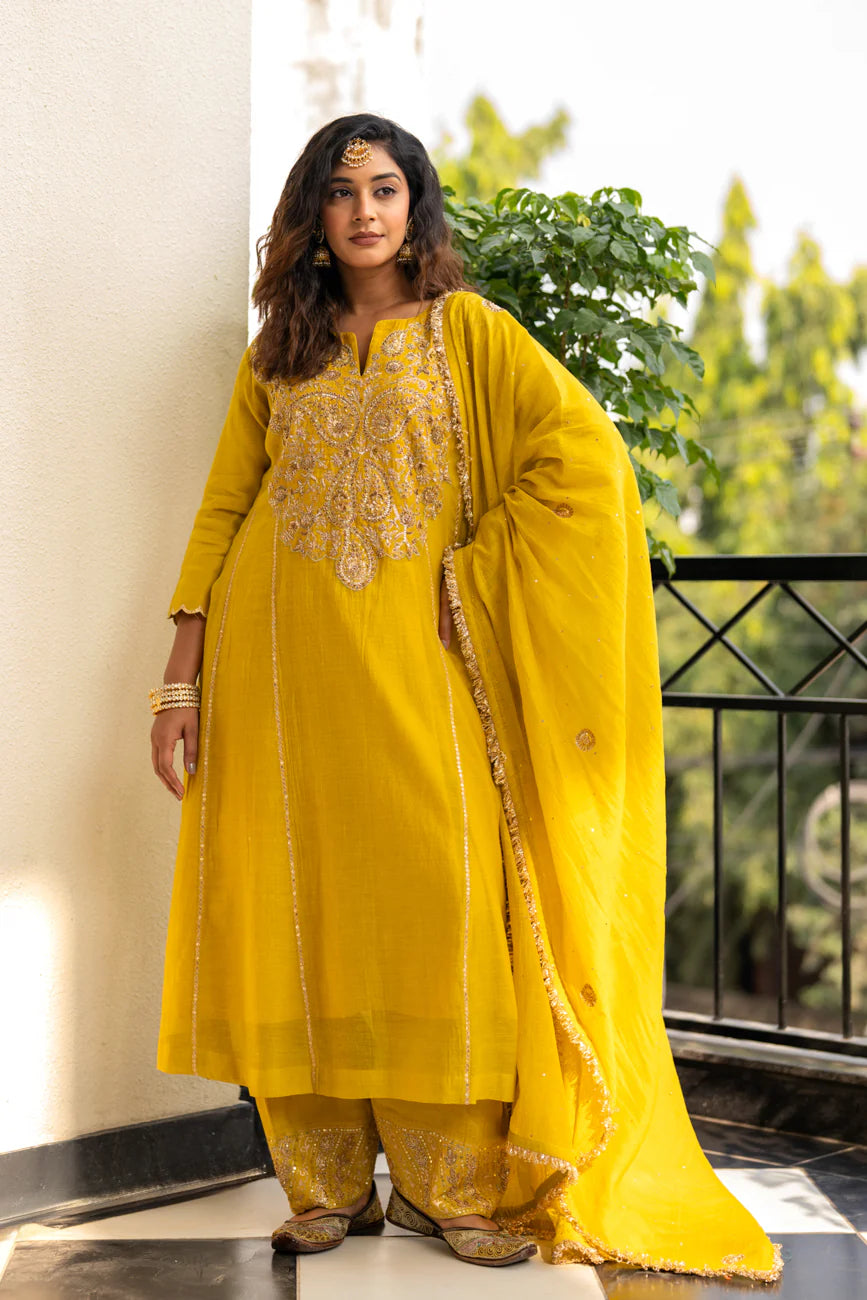 Lime mustard A-line Kurta Set